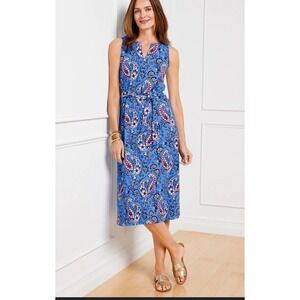 Talbots Plus Blue Paisley Jersey Tie Waist Midi Dress NWOT Sleeveless 0 X